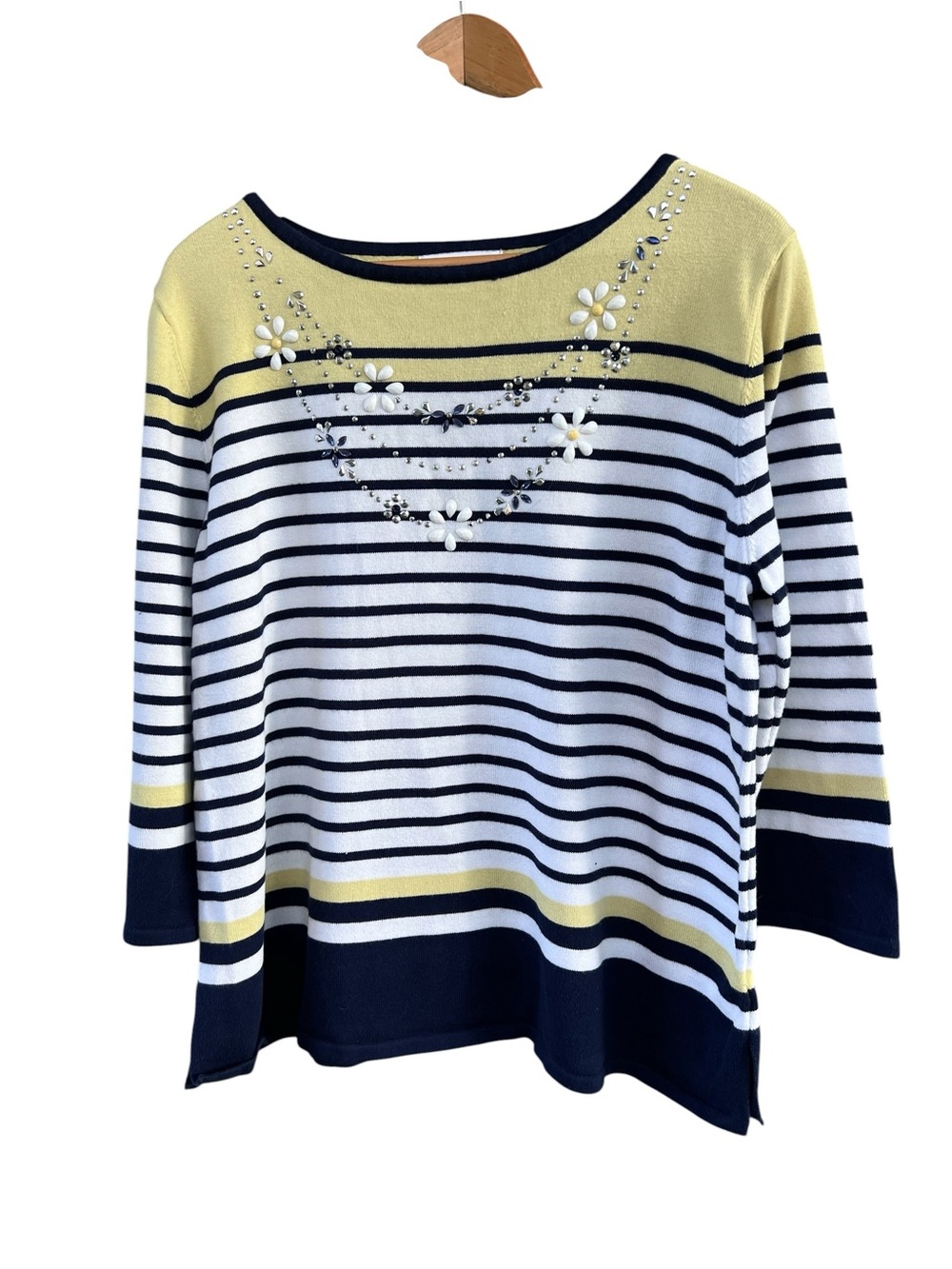 Alfred Dunner Yellow-Navy-White Striped Top with attached necklace Size L.